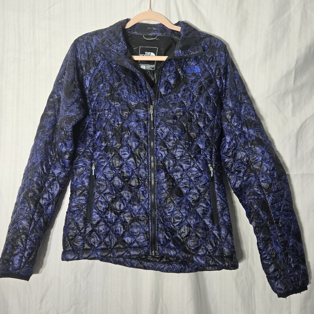 The North Face Women's ThermoBall Zip Puffer Jacket Black Blue/purple Floral Sm